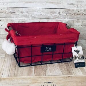 NWT  Rae Dunn "JOY" Wire & Wood Caddy Basket Red Cover Christmas Farmhouse Gift